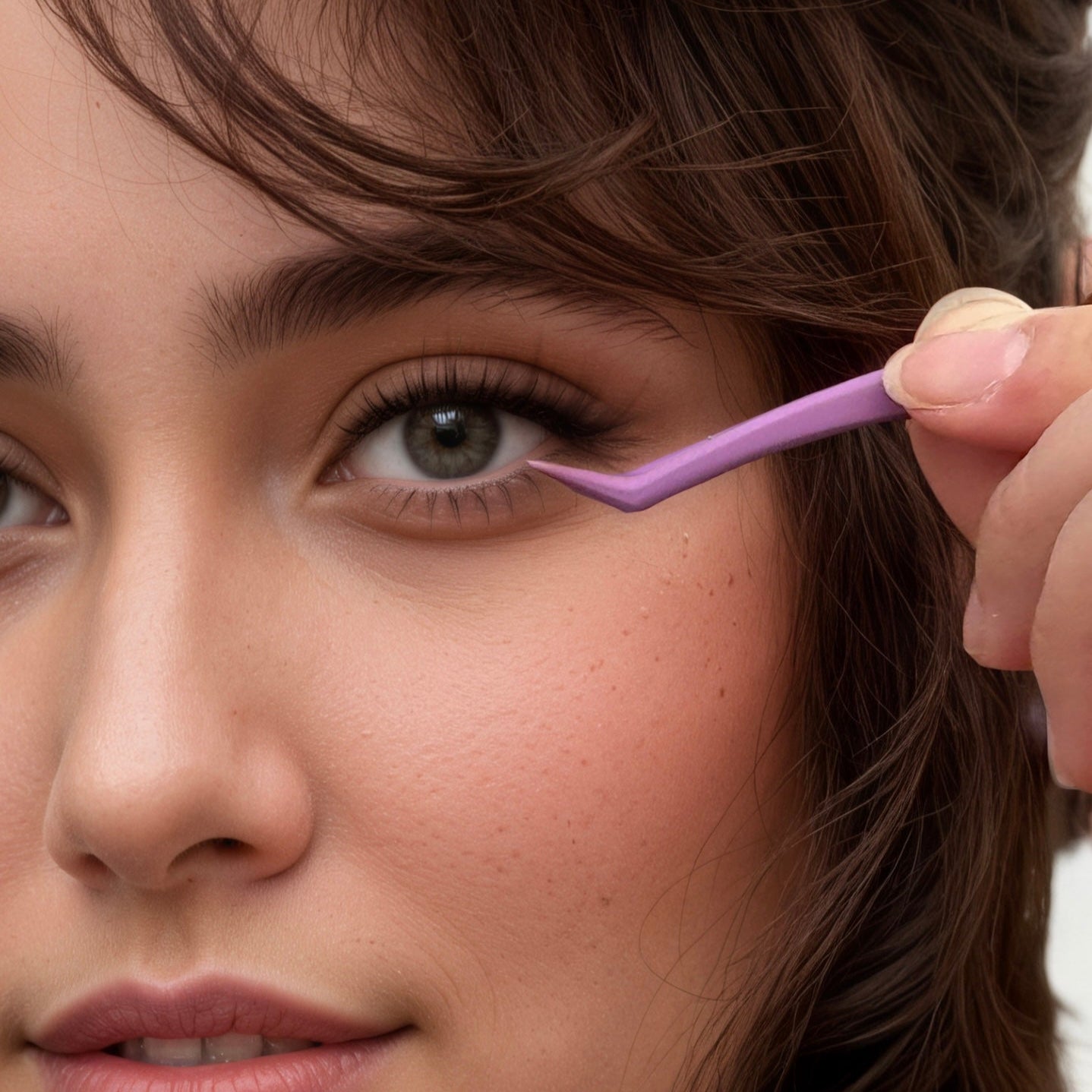 Woman wearing Ynfinity Lashes and holding Ynfinity Tweezers – showcasing effortless glueless lash application with precision Non-Stick Technology.
