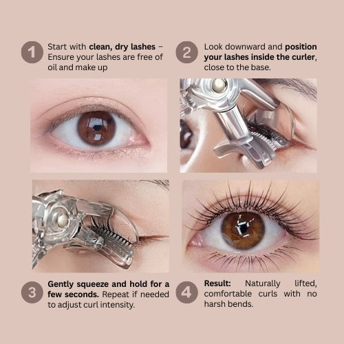 4-step tutorial: How to use Ynfinity Advanced Eyelash Curler – (1) Start with clean, dry lashes. (2) Position borderless pad at lash base while looking downward. (3) Gently squeeze for 3 seconds; repeat if needed. (4) Lift ends for a natural curl – all with no-damage technology.