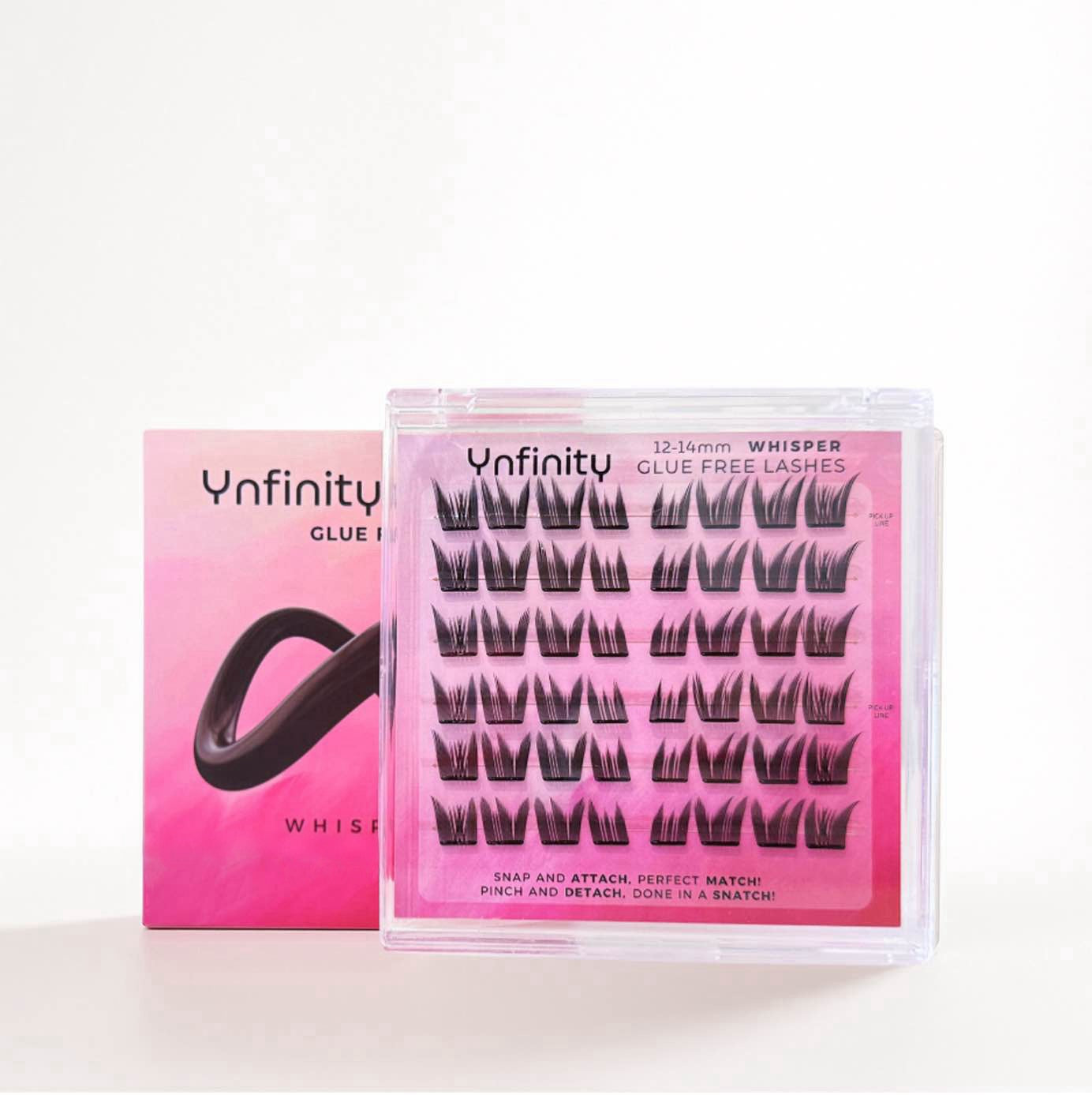 Ynfinity Lashes box containing 48 cluster lashes – Ynfinity Whisper style (12-14mm), glueless, reusable, and lightweight for a natural look