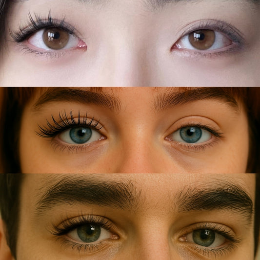 Asian woman, European woman, and British man before & after wearing Ynfinity Whisper Lashes – natural 12-14mm glueless clusters enhance all eye shapes effortlessly.