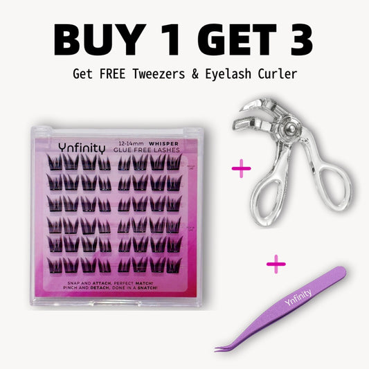 Ynfinity Whisper Glueless Lashes (12-14mm), Non-Stick Precision Tweezers, and Advanced Eyelash Curler with borderless design – displayed on clean white background for effortless lash 